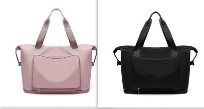 Pink and black bags side by side on a white background