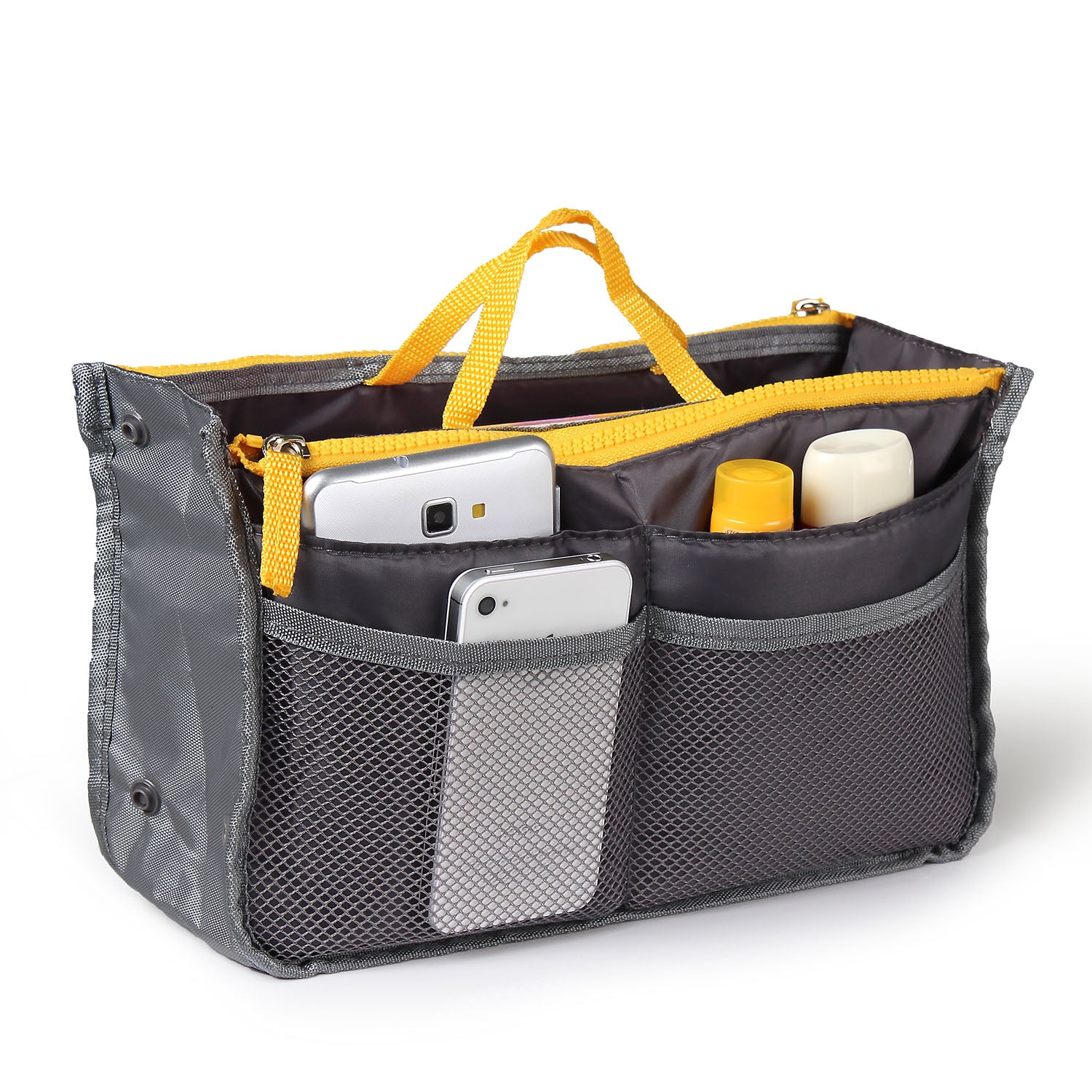 Gray and yellow organizer bag with phone and items on a white background