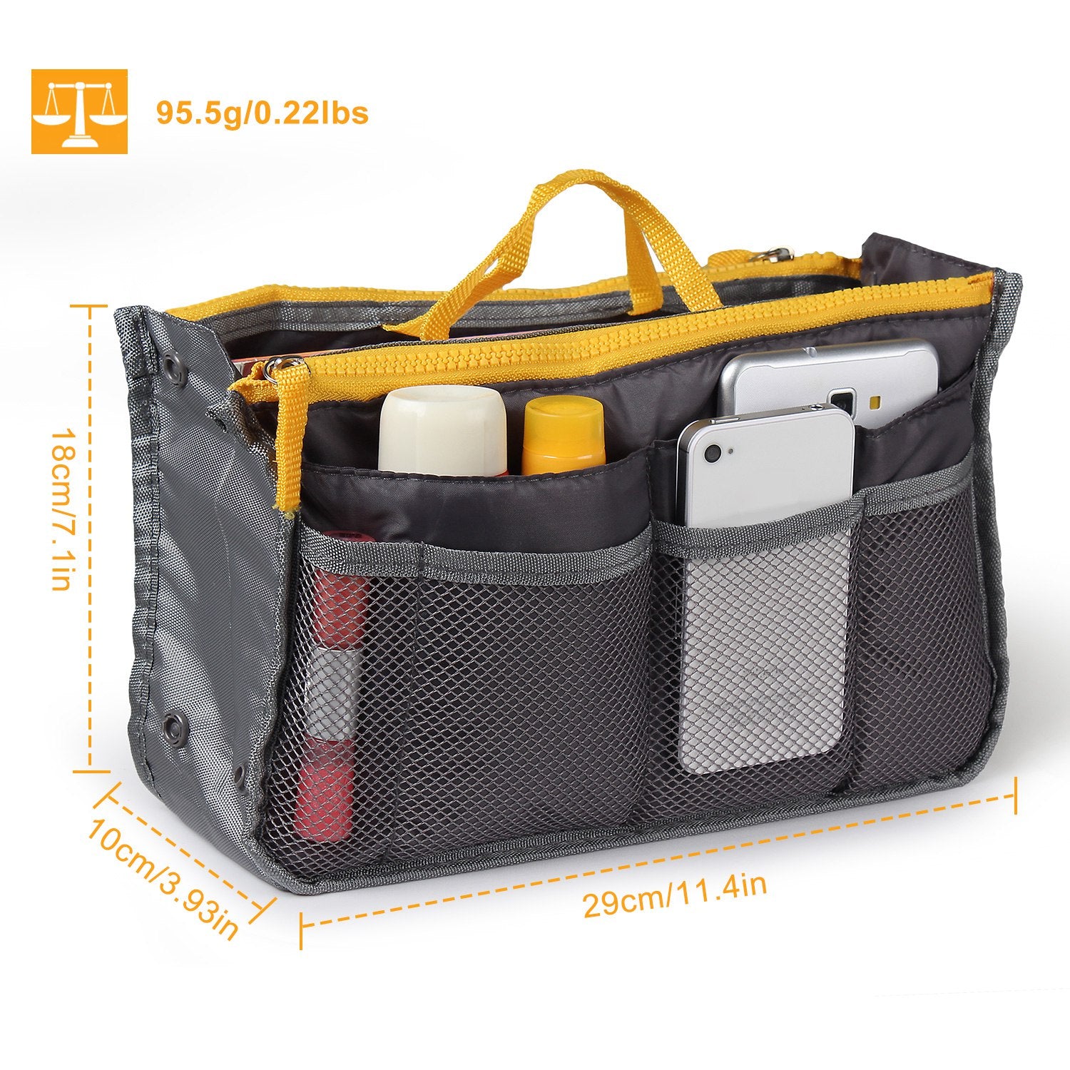 Gray and yellow organizer bag with compartments, items inside, and dimensions displayed.