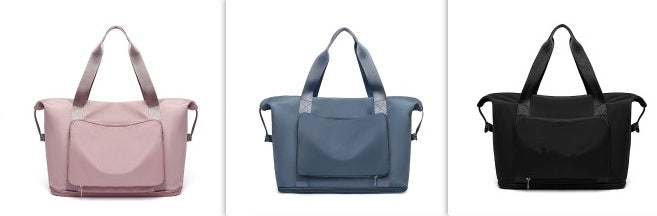Three tote bags in pink, blue, and black on a white background