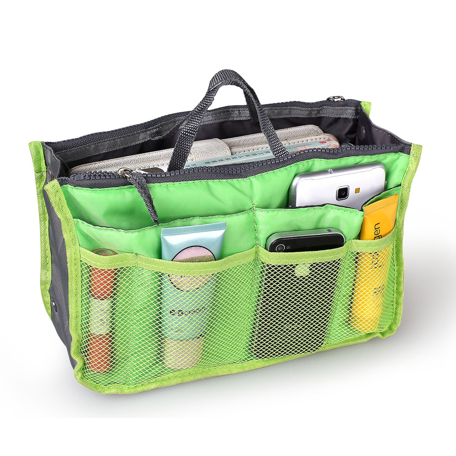 Green and gray organizer bag with compartments on a white background