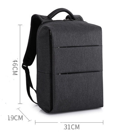 Black backpack with dimensions indicated on a white background