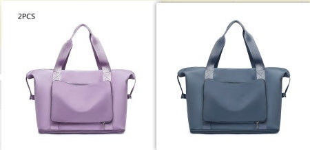 Two handbags, one purple and one blue, on a white background.