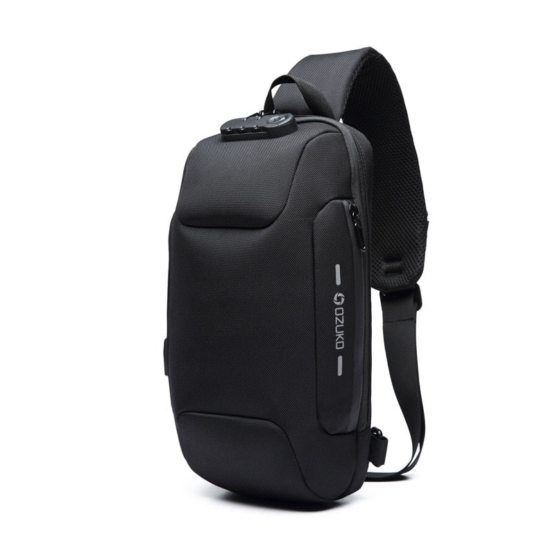 Black shoulder bag with a brand logo on a white background