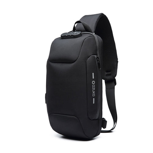 Black shoulder bag with a brand logo on a white background