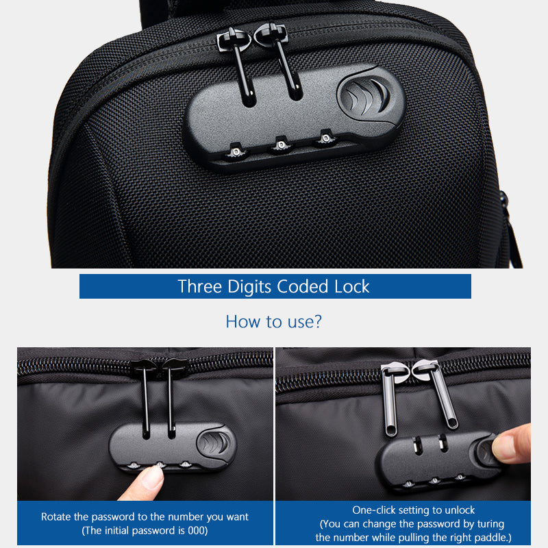 Black backpack with a three-digit coded lock, showing how to use it.