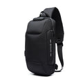 Black shoulder bag with a brand logo on a white background