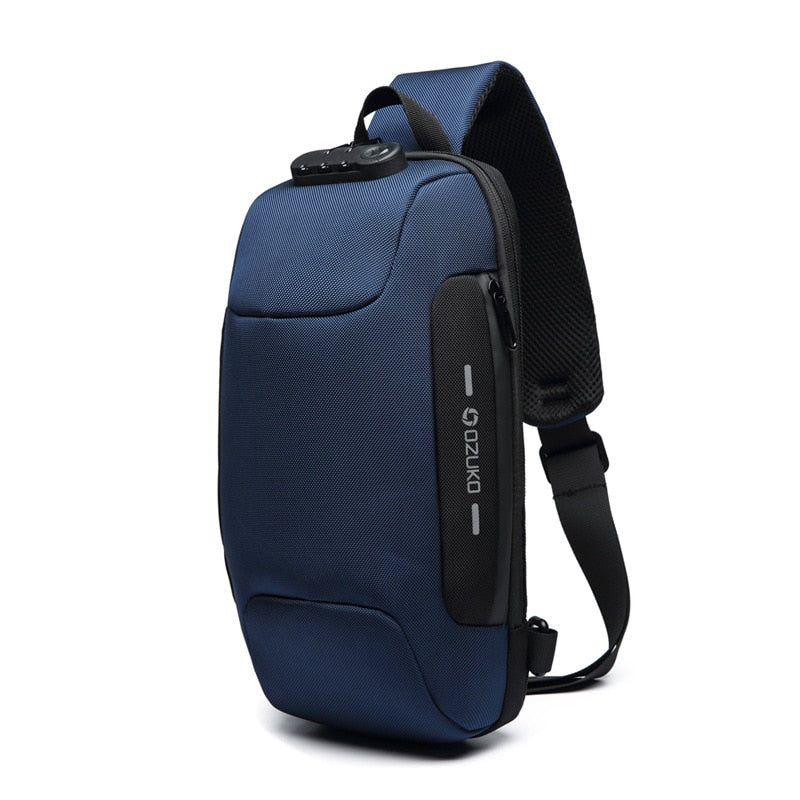 Blue shoulder bag with black accents on a white background