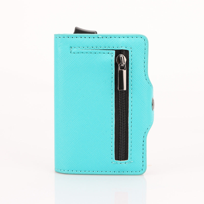 Turquoise wallet with a zipper on a white background