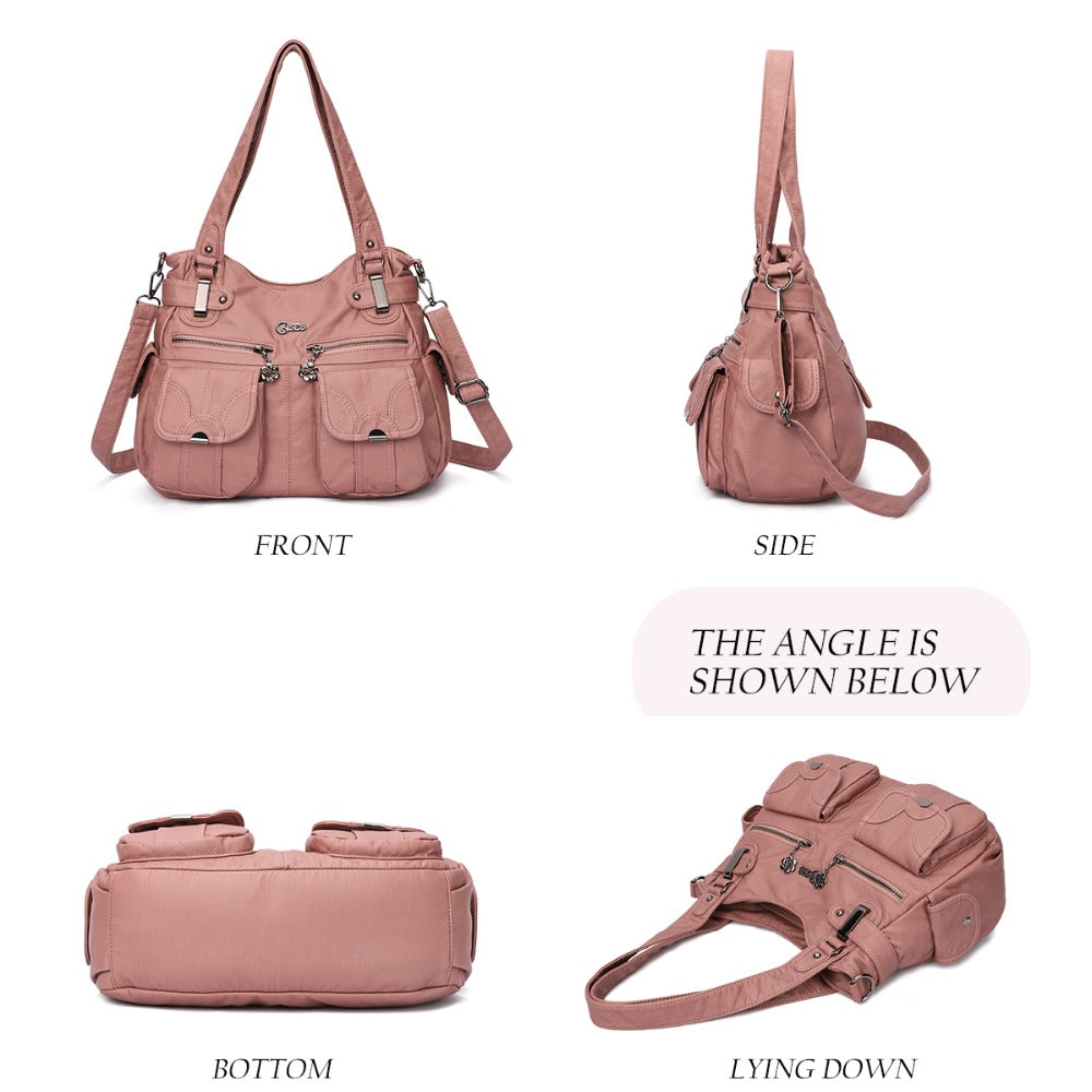 Pink handbag shown from front, side, bottom, and lying down angles on a white background.
