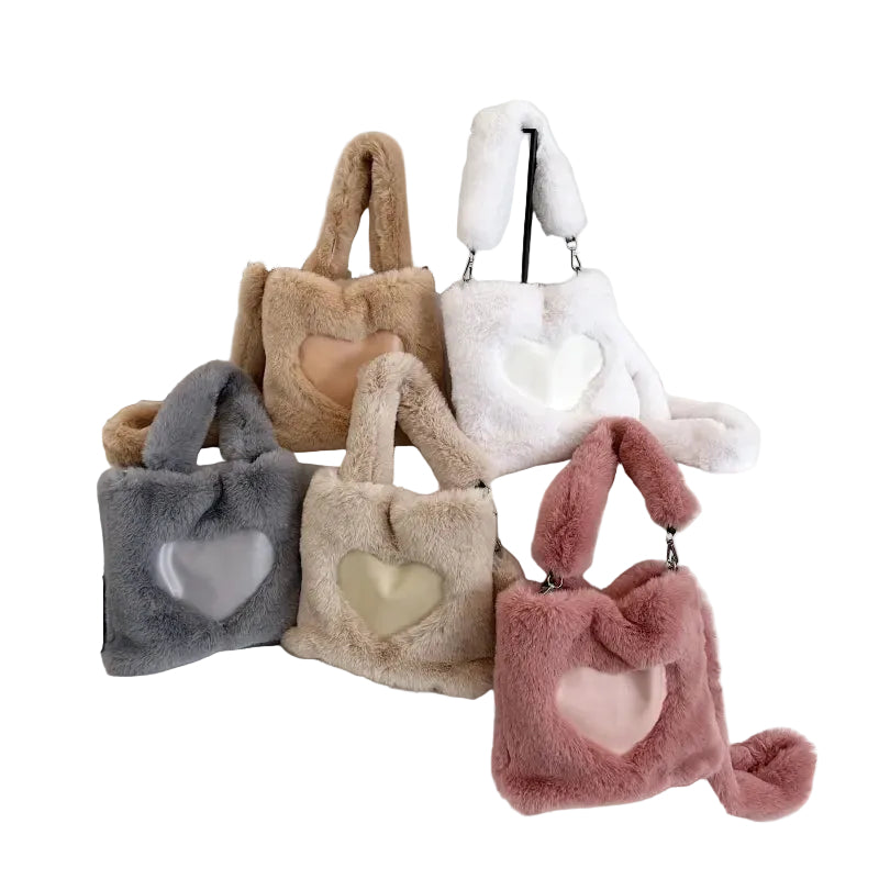 Set of fluffy handbags in various colors on a white background.