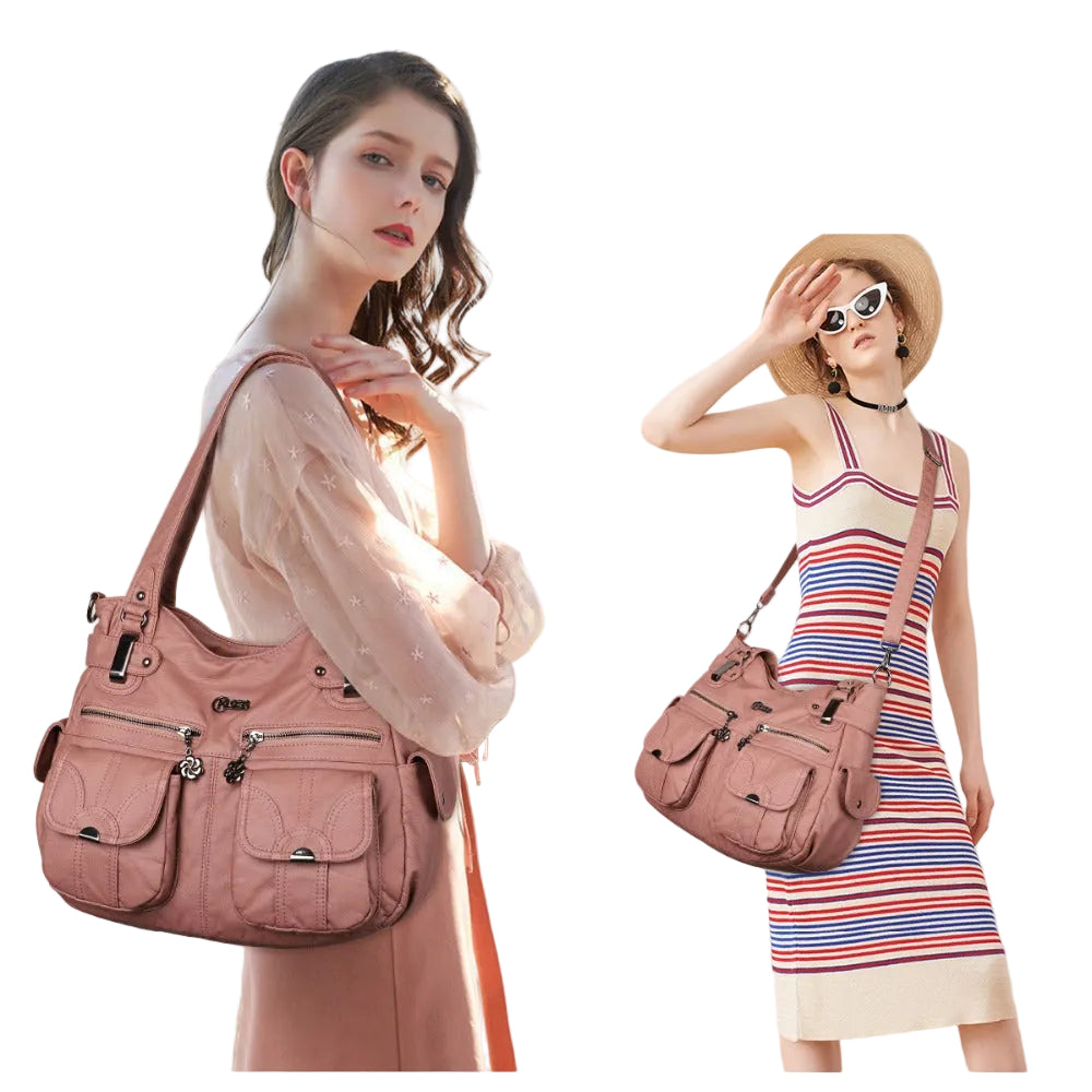 Two models with pink shoulder bags and crossbody bags on a white background