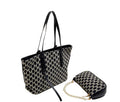 Black and white patterned tote bag with matching pouch on a white background