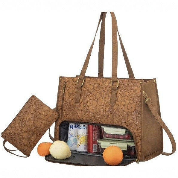 Brown embossed handbag with a smaller matching pouch, containing items like oranges and a book.