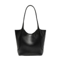 Black leather tote bag on a white background