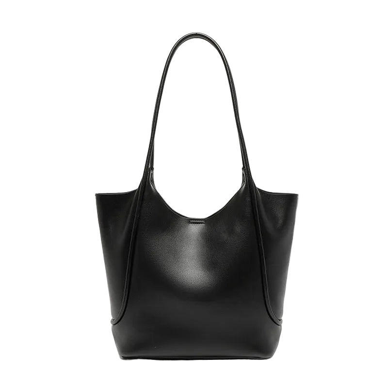 Black leather tote bag on a white background