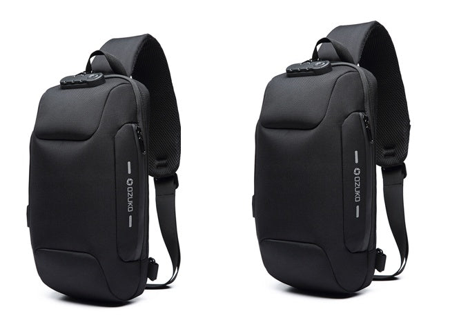 Black sling bag with visible brand logo on a white background