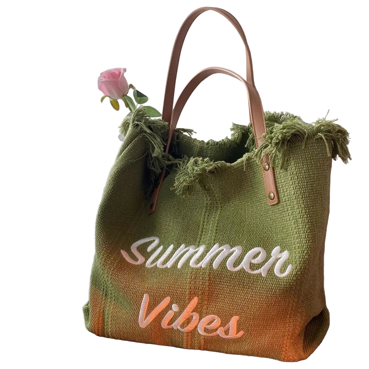 Green tote bag with 'Summer Vibes' text on a white background