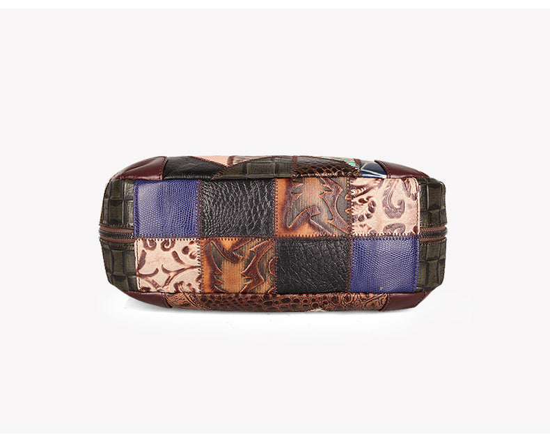 Patchwork-style bag with multicolor pattern on a white background