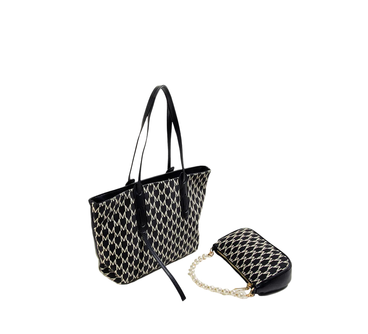 Black and white patterned handbag with a matching pouch on white  background