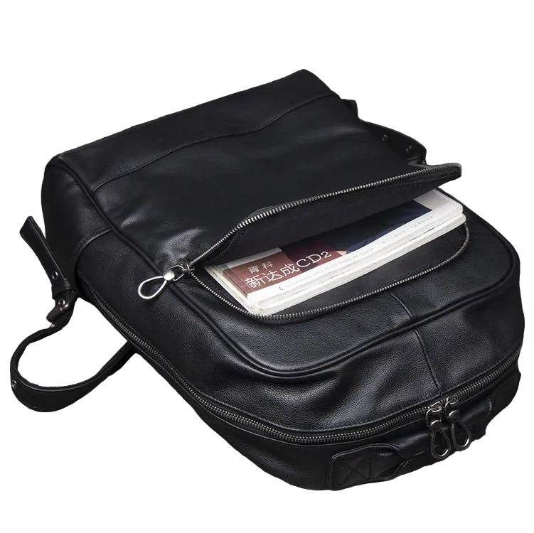 Black leather backpack with a zipper pocket on a white background