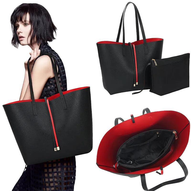 Black and red handbag with a woman holding it, and close-up views of the bag on a white background.