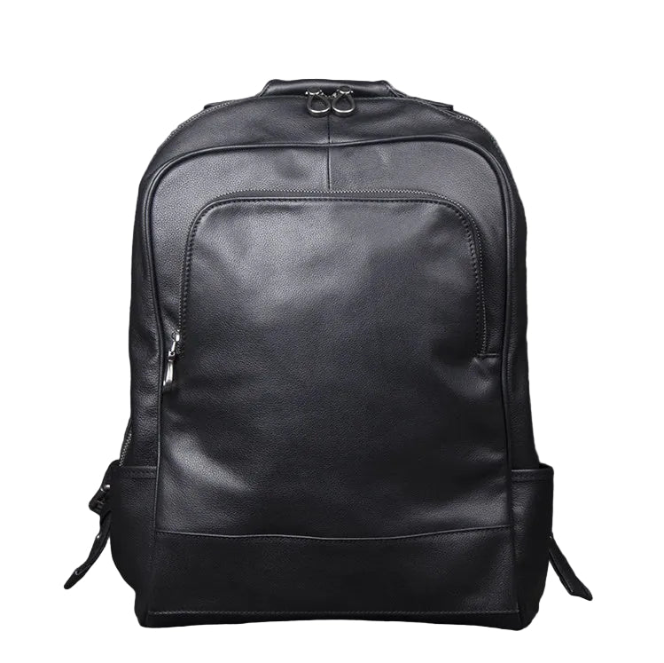 Black leather backpack on a white background
