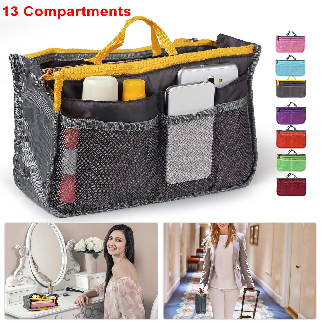 Multicolored organizer bag with 13 compartments, shown with color options and usage scenarios.