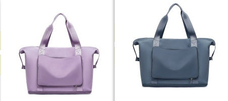 Purple and blue bags side by side on a white background