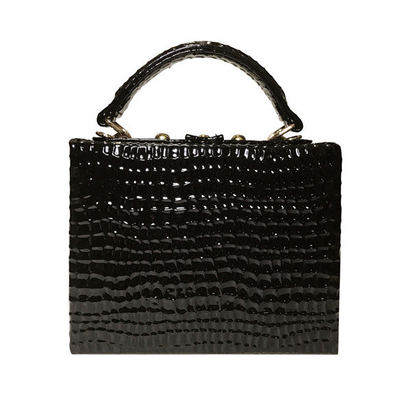 Black textured handbag with a handle on a white background