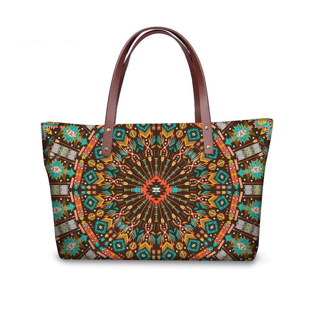 Tote bag with a colorful geometric pattern on a white background