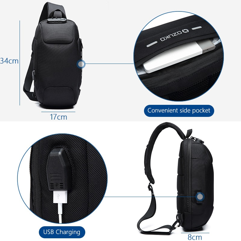 Black shoulder bag with USB charging feature and side pocket, showing dimensions and features.