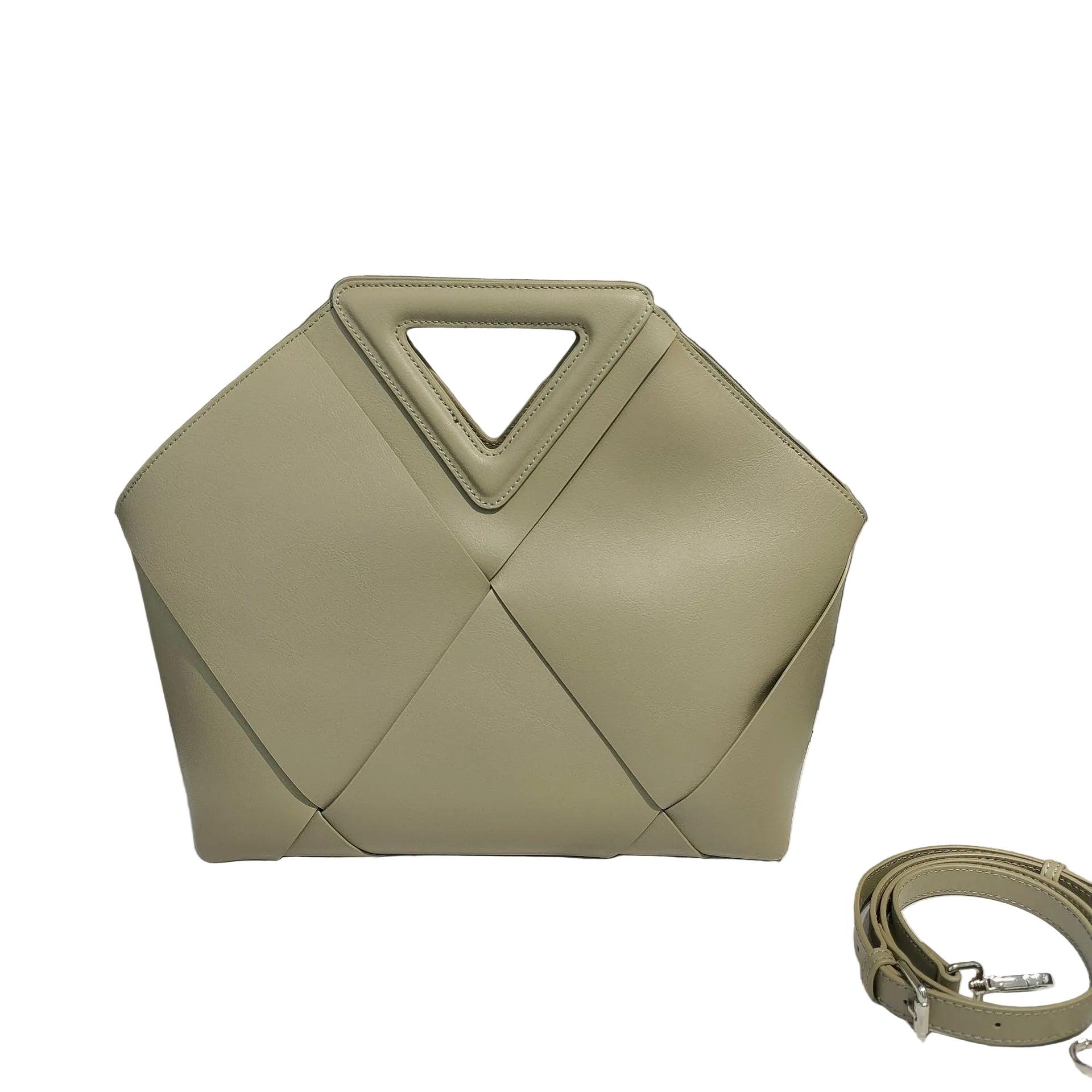 Beige geometric handbag with matching belt on a a white background