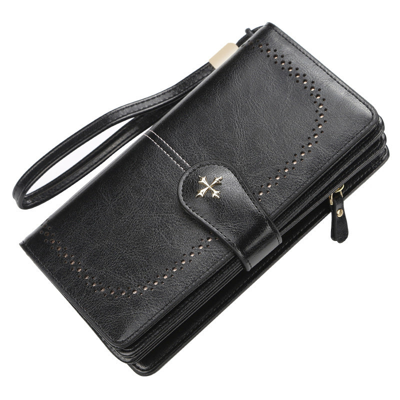 Black wallet with a strap on a white background