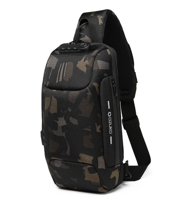 Camouflage-patterned sling bag with a visible brand logo on a white background