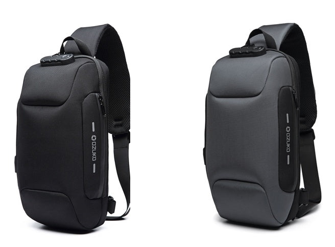 Two views of a black and gray backpack on a white background