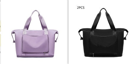 Purple bag on the left and black bag with a pocket on the right, labeled '2PCS'.