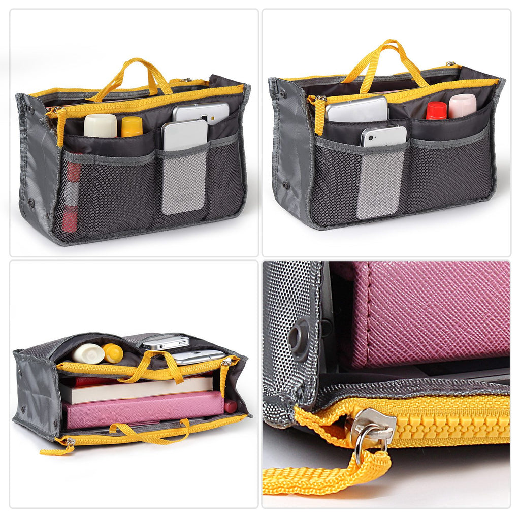 Multifunctional organizer with gray and yellow compartments filled with items on a white background.