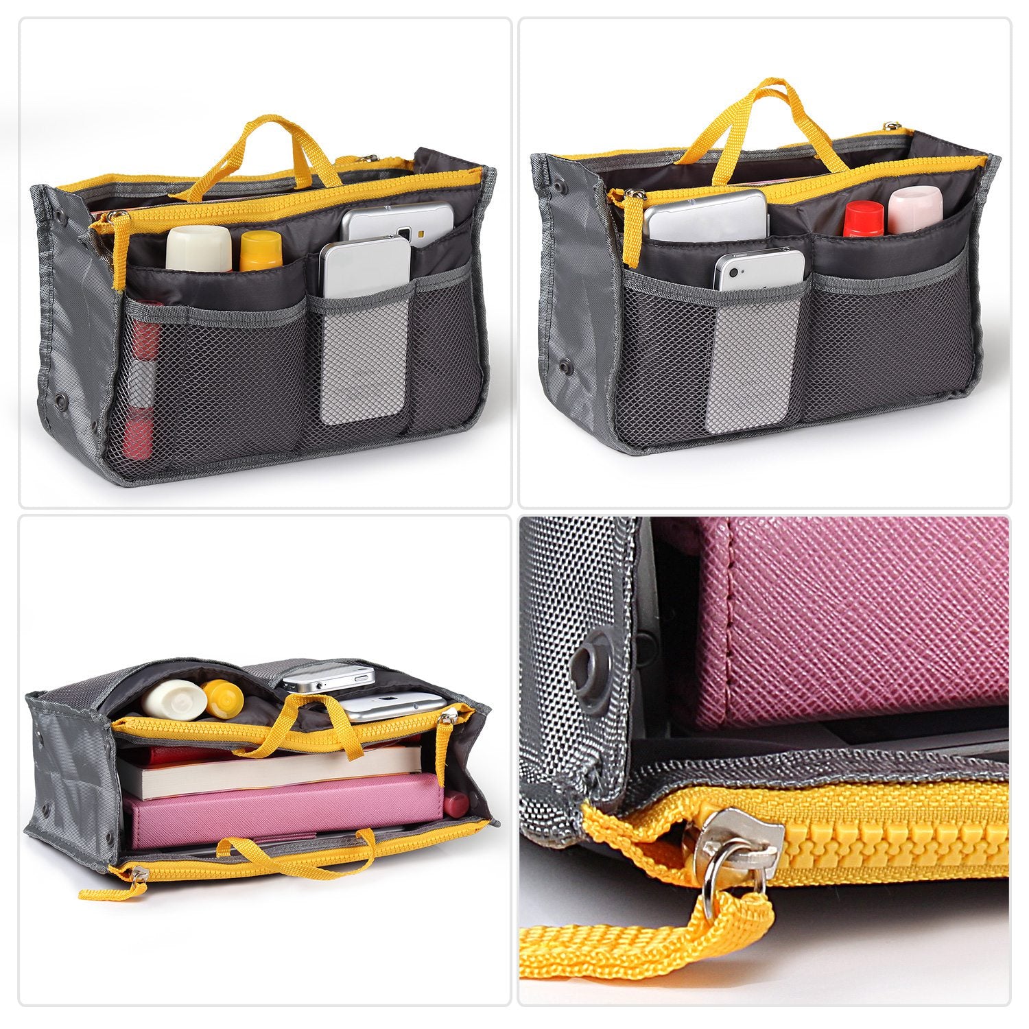 Multifunctional organizer with gray and yellow compartments filled with items on a white background.