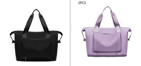Black and purple bags side by side on a white background