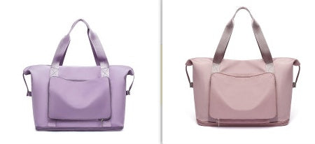 Two purple handbags side by side on a white background