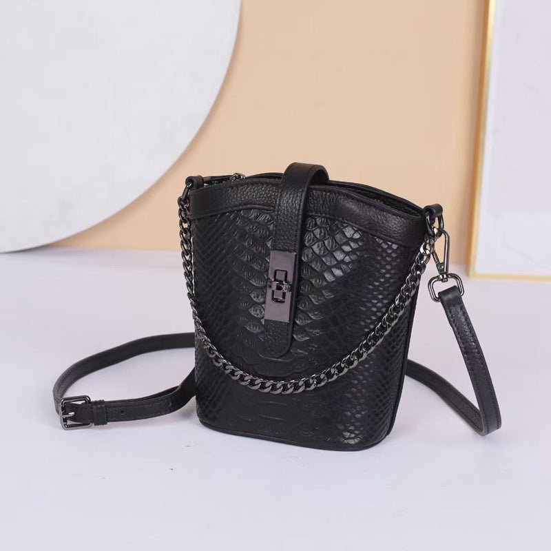 Chain Bucket Bag Top Layer Leather Crossbody Shoulder Bag