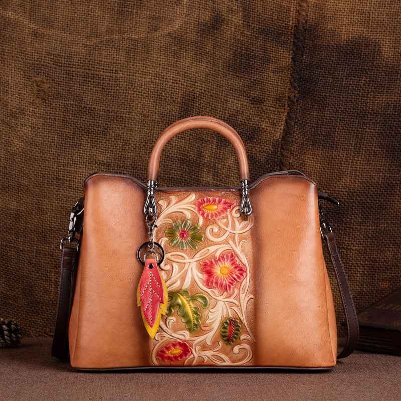 Retro Genuine Leather Embossed Distressed Simple Large-Capacity Tote Bag