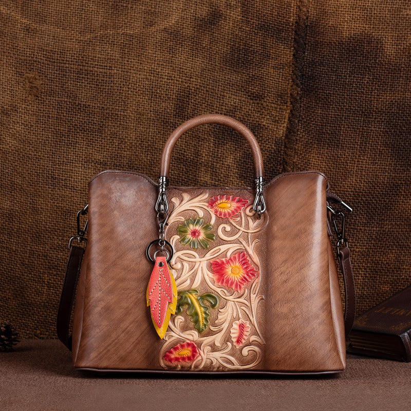 Retro Genuine Leather Embossed Distressed Simple Large-Capacity Tote Bag